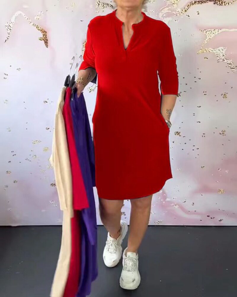 Summer Womens Midi Dress Fashionable Solid Color V Neck Casual Style Perfect for Everyday Wear Wholesale Available