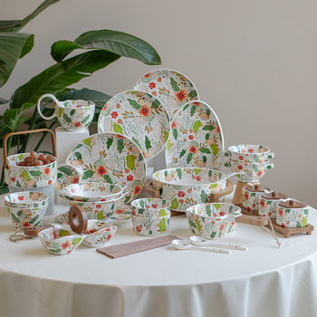 Colorful Cloud Flower Ceramic Tableware Household Dishes and Dishes Combination suit Pastoral Rice Bowl Soup Bowl Double Ear Bowl Plate