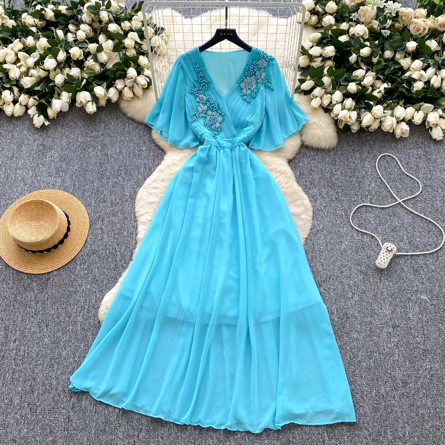 Vintage French Style V Neck Dress Elegant Pleated Design with Beading Summer Long Dress for Sophisticated Women