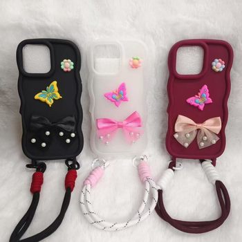 Suitable for Apple 16Pro Beautiful Colorfulful Wavy Edge Bow Pearl Butterfly Flower Wristband Lanyard Mobile Phone Case