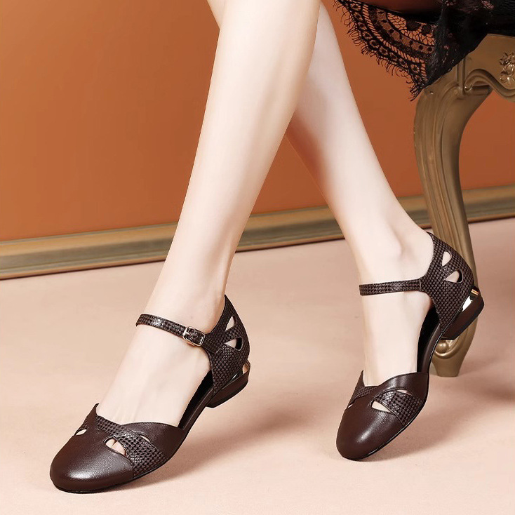 Sandal nữ quai ngang gót thấp đế bằng mềm êm phong cách thanh lịch dễ phối đồ — Màu đen, Màu nâu