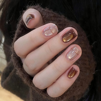Autumn and Winter Wear Amber Elegant Smudged Cat-Eye Plaid Manicure Nails High-End Simple Whitening Manicure Patches