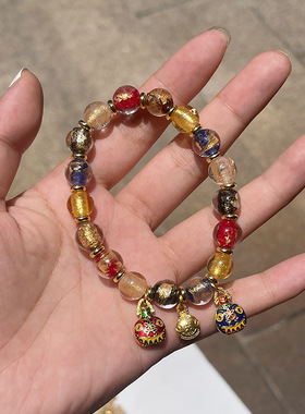 香灰金箔琉璃手串淄博博山古法手链多串珠吞金兽五彩琉璃珠