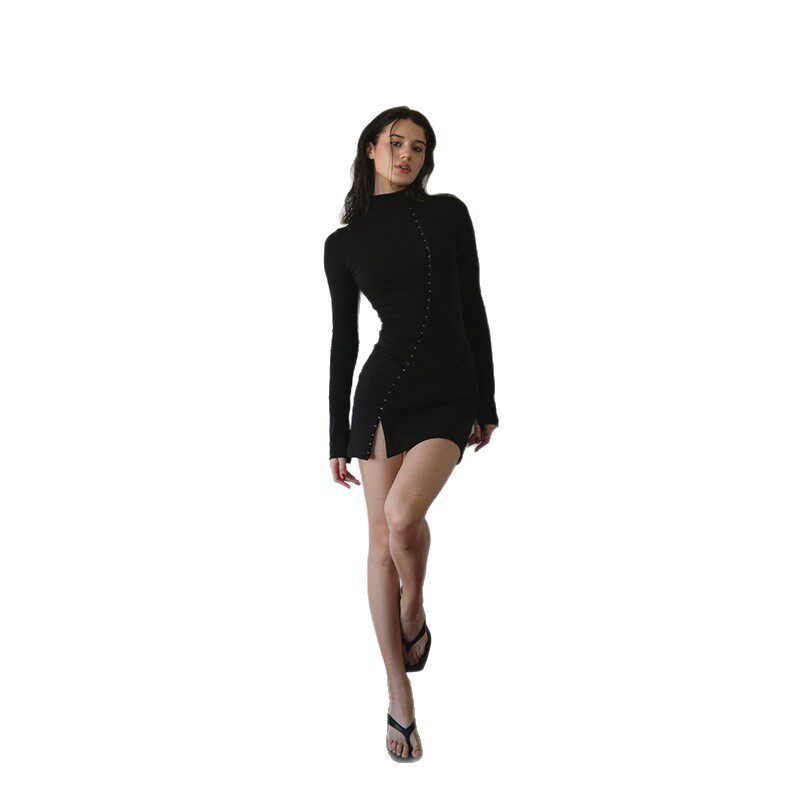 Elegant Womens Dress Slim Fit Long Sleeve Solid Color Hidden Button Design Perfect for Parties and Casual Events