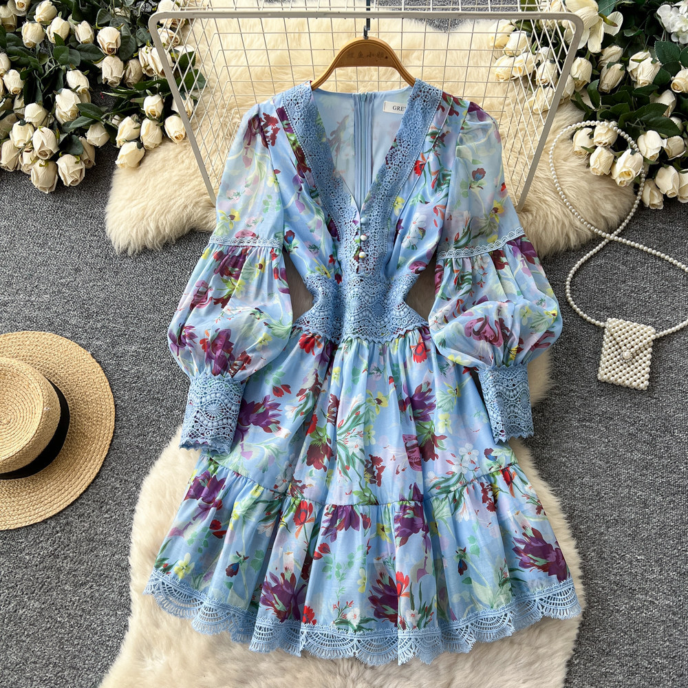 Floral Print Long Sleeve V Neck Dress Slim Fit Waist Defining Elegant A Line Perfect for Formal Events Wholesale