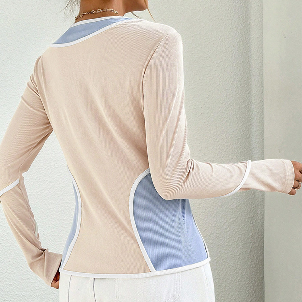 Womens Color Block Long Sleeve Knit Top Slim Fit Stretch Fabric Versatile Style Perfect for Casual or Office Wear