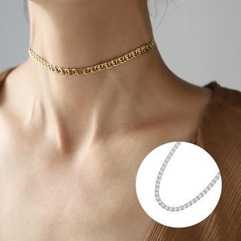 Tweed Style Ins Cut Out Wide Chain Cuban Choker Necklace Simple Clavicle Chain Titanium Steel Silver Xl661