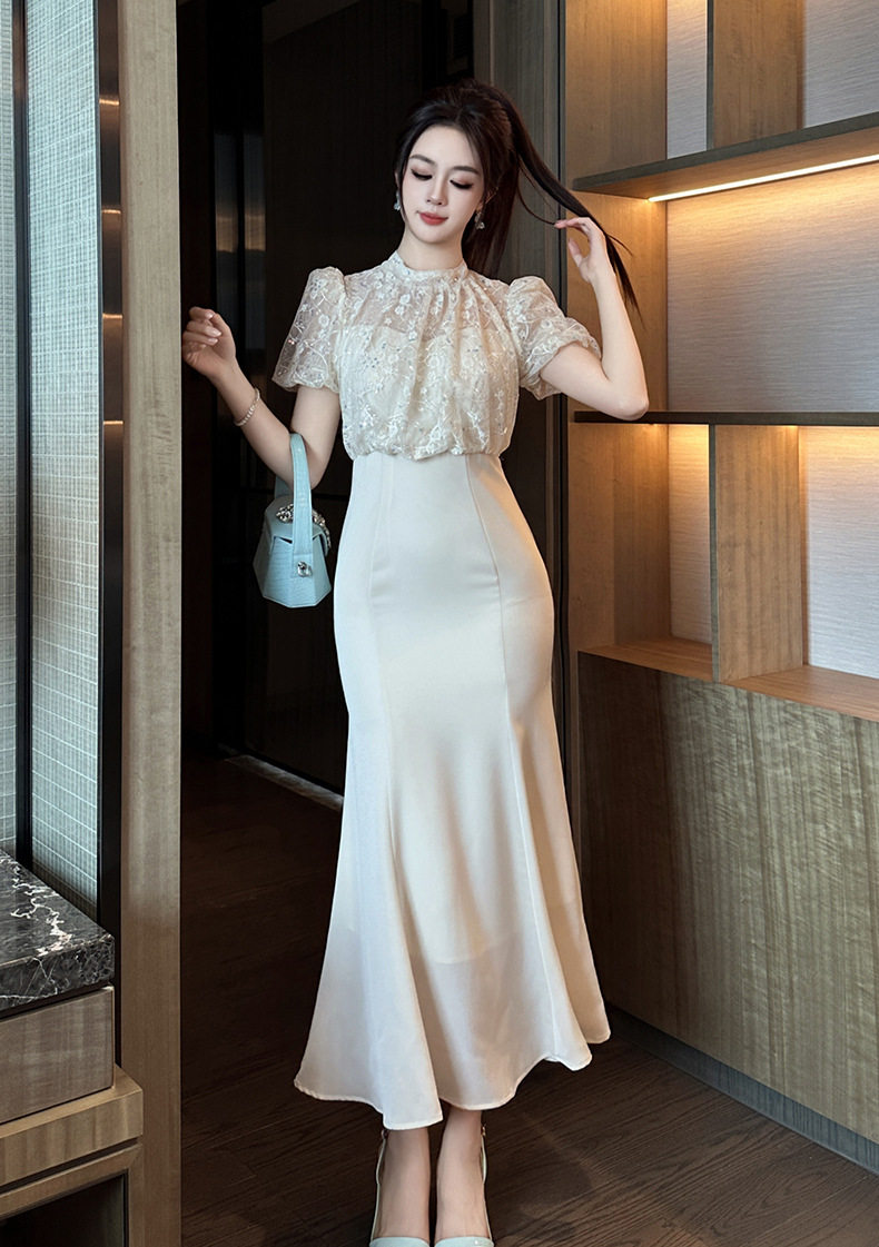 Đầm ren xòe đuôi cá eo cao tay bồng — [Hồng ngọc trai] chi tiết 9