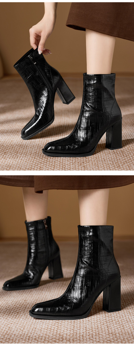 Boot nữ mũi vuông da bò gót thô khóa kéo bên hông — màu đen, Màu trắng