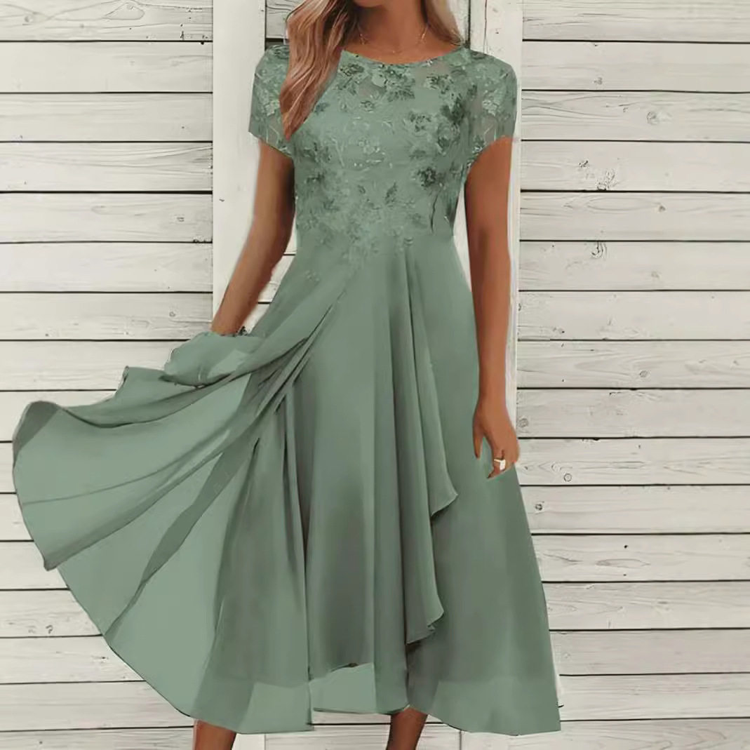 Chiffon Maxi Dress with Sequin Print Round Neckline Elegant Evening Wear Available in Multiple Colors and Sizes