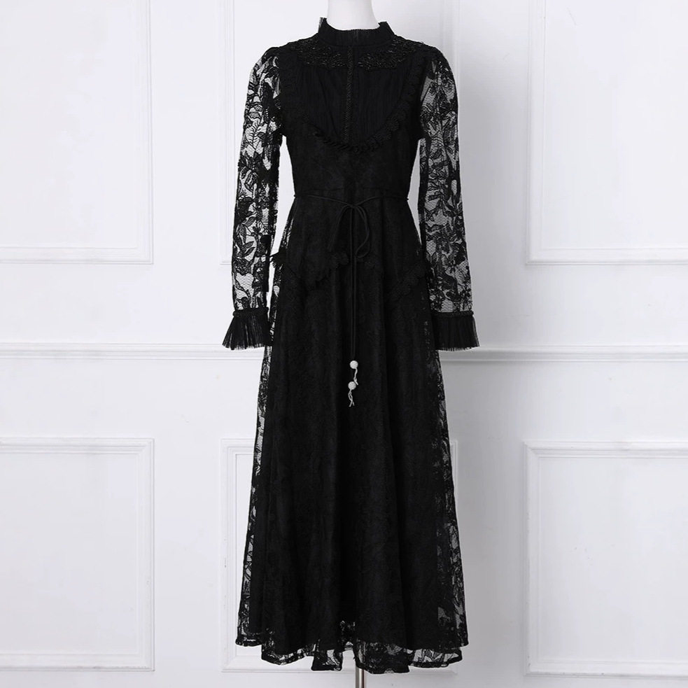Embroidered Mesh Panel Dress Pleated Design Beaded Details Elegant Waist Belt Formal Occasion Customizable Options