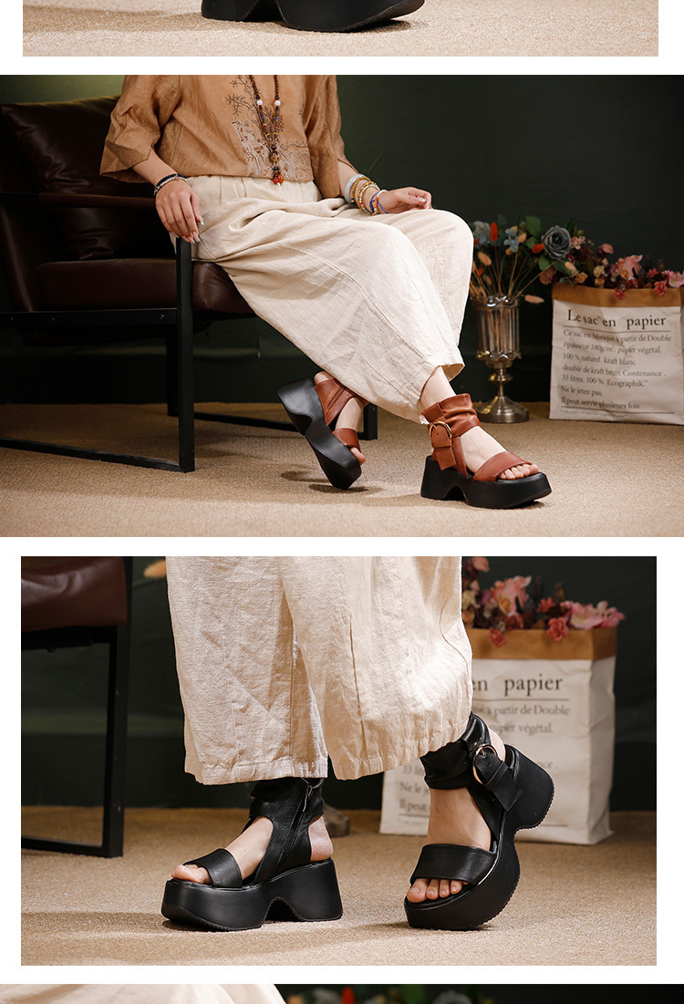 Sandal nữ mũi hở đế dày da bò thật phong cách cổ điển — màu đen, Màu nâu