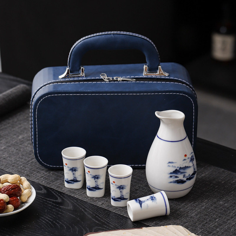 Blue and White Porcelain Wine Ware suit Leather Box Ceramic Wine Jug Gift Box Packaging Wine Glass Wine Dispencer Hot Wine Warming Warmer Gift