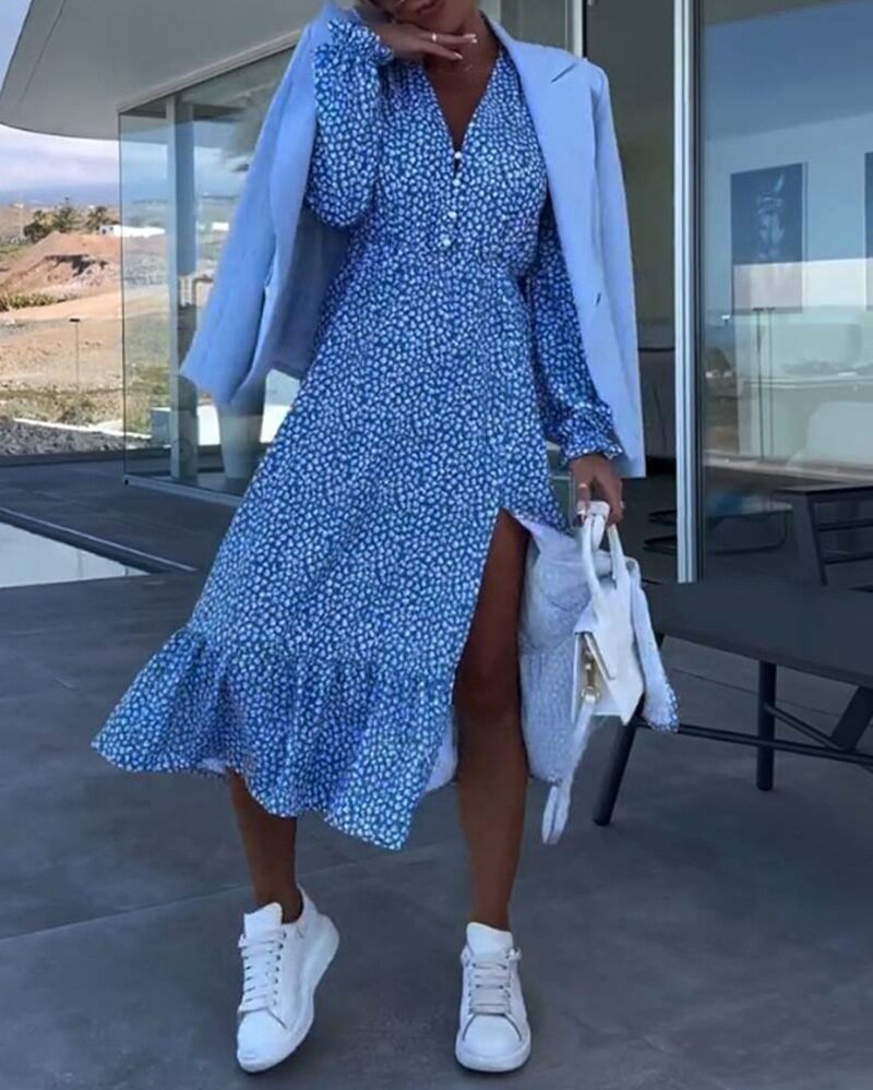 Floral Print Long Sleeve V Neck Patchwork Dress Summer Collection Casual Wear for Women OEM Available