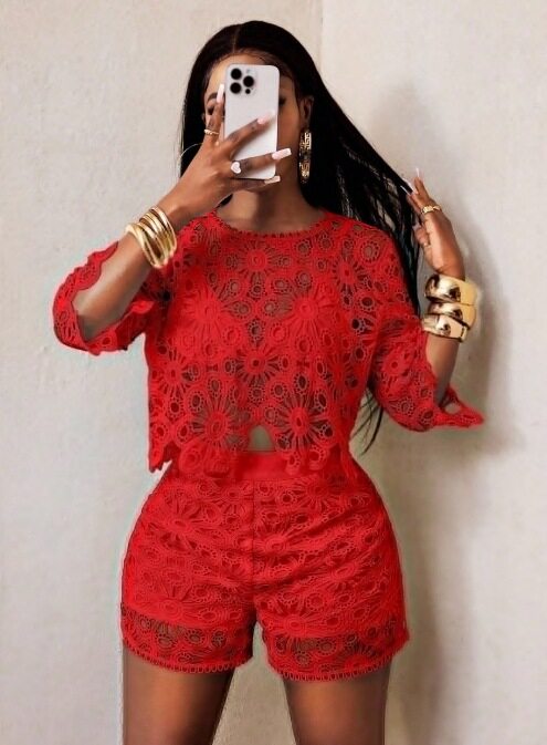 Womens Two Piece Set Solid Color Hollow Lace Slim Fit Elegant Design Perfect for Fall Occasions Wholesale