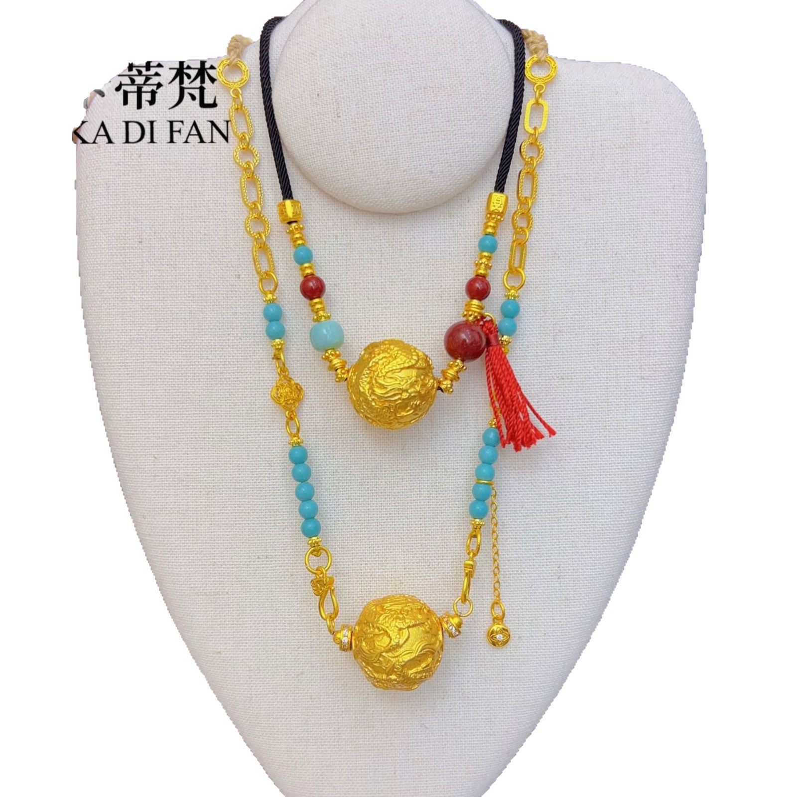 Real Gold-Plated High Color Retention Sand Gold Dragon Bead Turquoise Necklace for Women 2025 New Chinoiserie Dragon and Phoenix Auspicious Transfer Bead Clavicle Chain