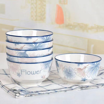 High color value bowl plate combination factory wholesale blue brown big flower series high temperature resistant ceramic bowl restaurant household tableware