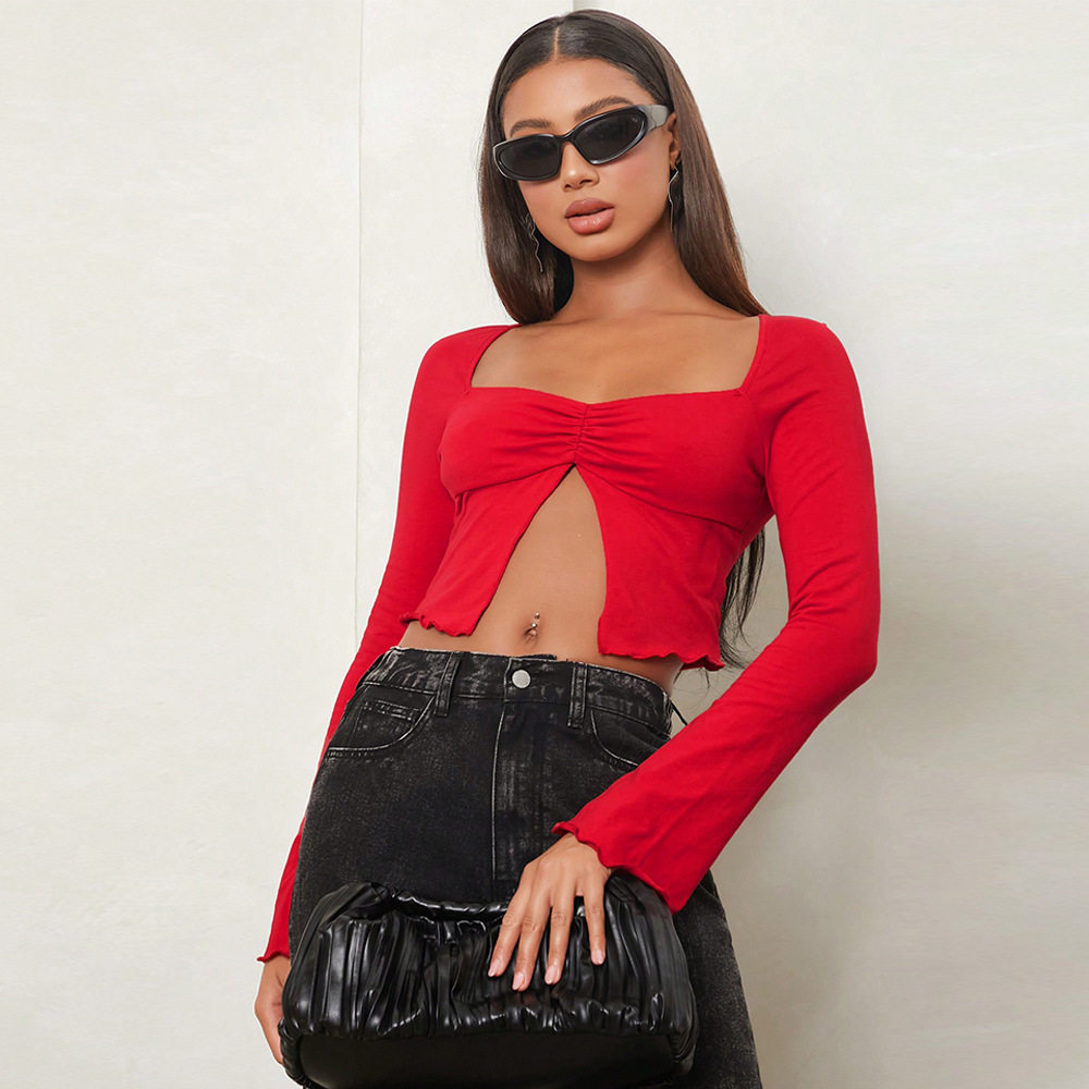 Womens Vintage Sexy Crop Top Slim Fit Long Sleeve Midriff Baring Spring Summer Fashion Wholesale Available