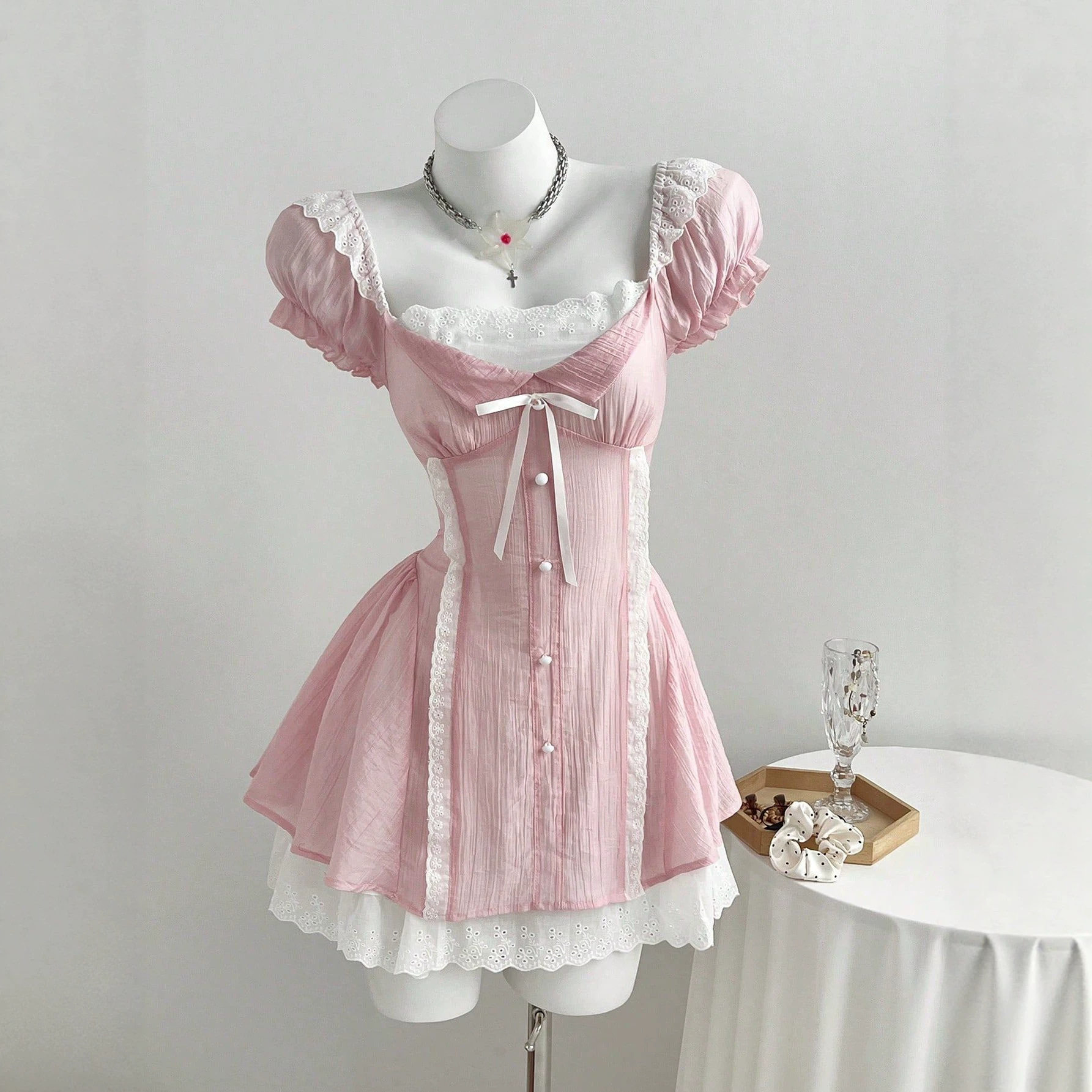 Mini Dress Color Block Puff Sleeves Bow Tie Detail Waist Cinching Casual Wear for Women Ready to Ship