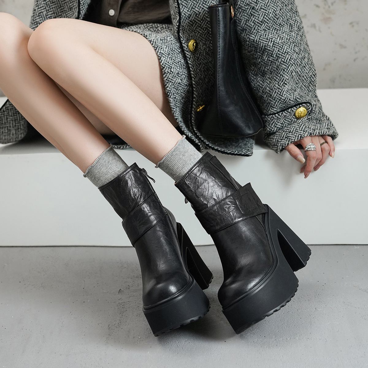 Boot nữ da cừu gót thô đế dày tăng chiều cao khóa kéo bên hông — Lớp lót đơn màu đen, Lớp lót đơn màu nâu, Lót nhung đen, Lót nhung màu nâu