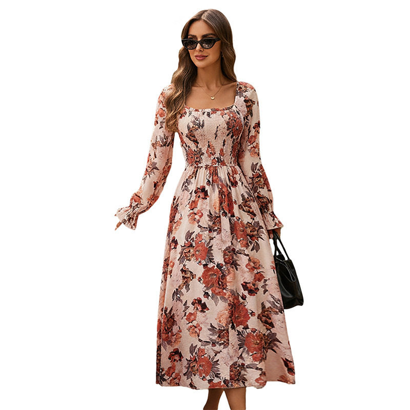Vintage Floral Long Dress for Women Elegant Square Neck Autumn Collection Perfect for Casual or Formal Occasions