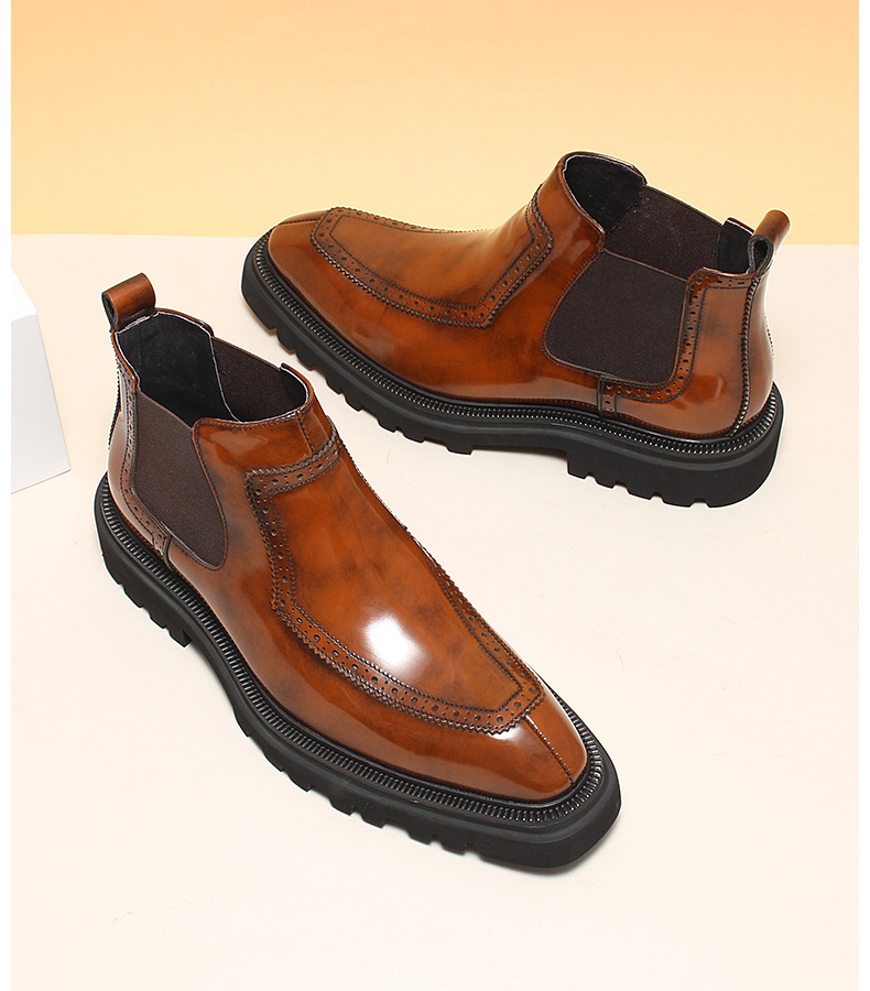 Boot Chelsea nam da bò thật mũi nhọn đế dày tăng chiều cao giữ ấm — Màu đen lót da, Màu nâu lót nhung, Màu nâu lót da