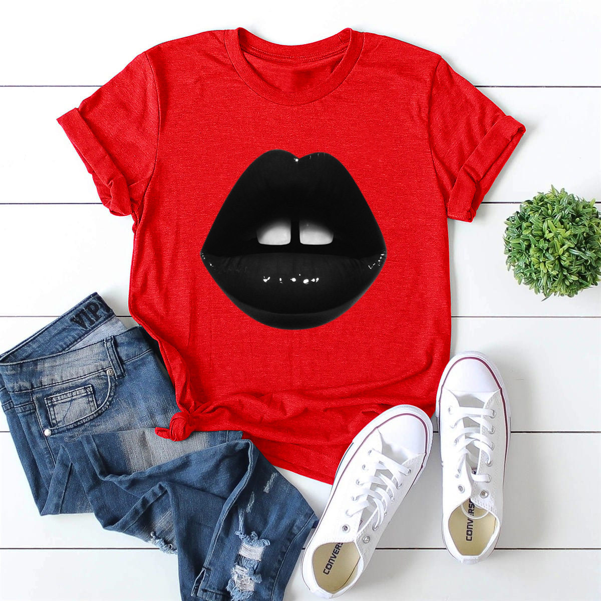 Plus Size Womens Black Short Sleeve T Shirt Lips Print Round Neck Fitted Style Casual Wear Wholesale Available