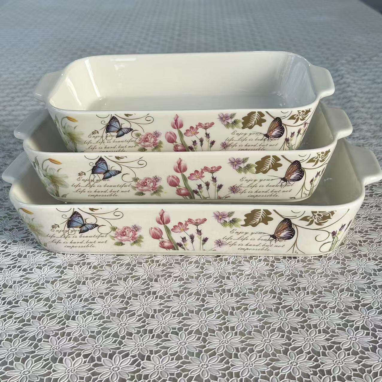 Foreign Trade Export Scandinavian Double-Eared Baking Pan Decal Household Ceramic Tableware Microwave Oven Rectangular Baking Pan Set