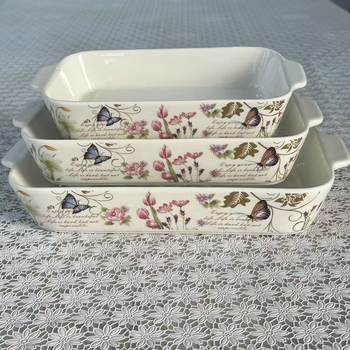 Foreign Trade Export Scandinavian Double-Eared Baking Pan Decal Household Ceramic Tableware Microwave Oven Rectangular Baking Pan Set
