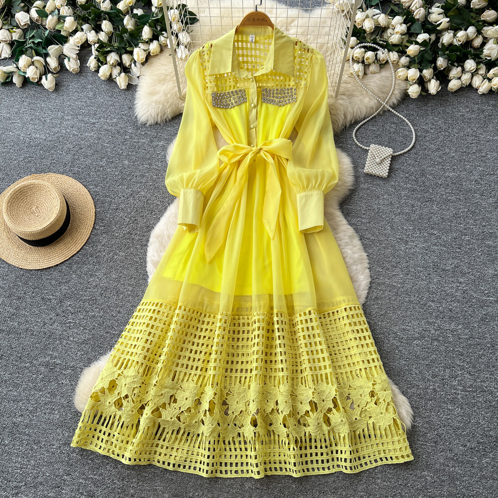 French Style Yellow Hollow Out Lace Up Dress Elegant A Line Silhouette Summer Fashion Office Wear Wholesale Available