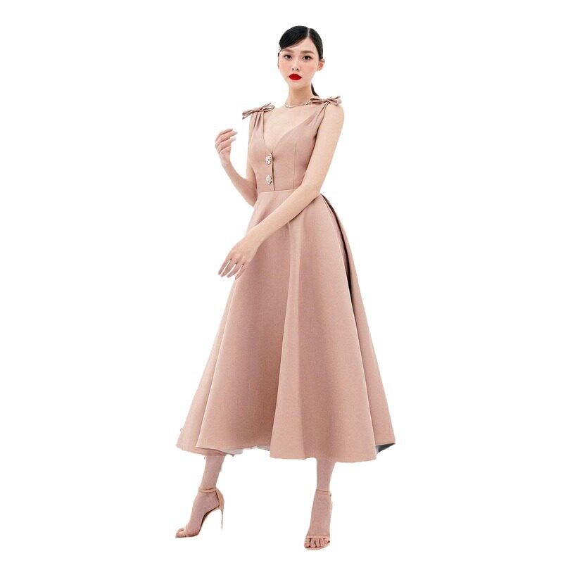 Đầm maxi nữ thắt eo cổ chữ V tay ngắn họa tiết satin — Satin (màu họa tiết)