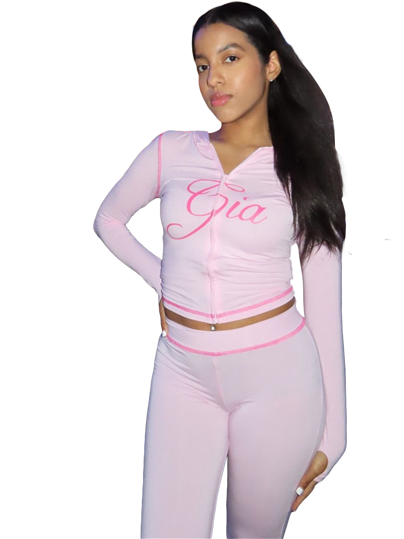 HR25071 欧美时尚女装跨境货源印花连帽长袖拇指扣微喇叭两件套装