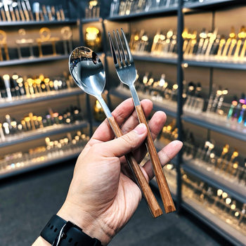 Stainless Steel Handle Tableware Japanese and Korean Ins Style Imitation Wood Grain Handle Steak Knife, Fork and Spoon Set Wooden Handle Dessert Spoon