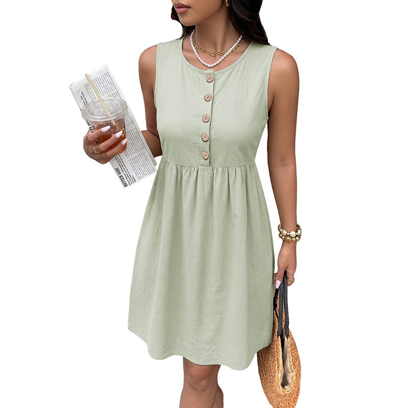 Sleeveless Waist Tie Mini Dress Solid Color Fresh Country Style Comfortable Fabric Perfect for Summer Casual Wear