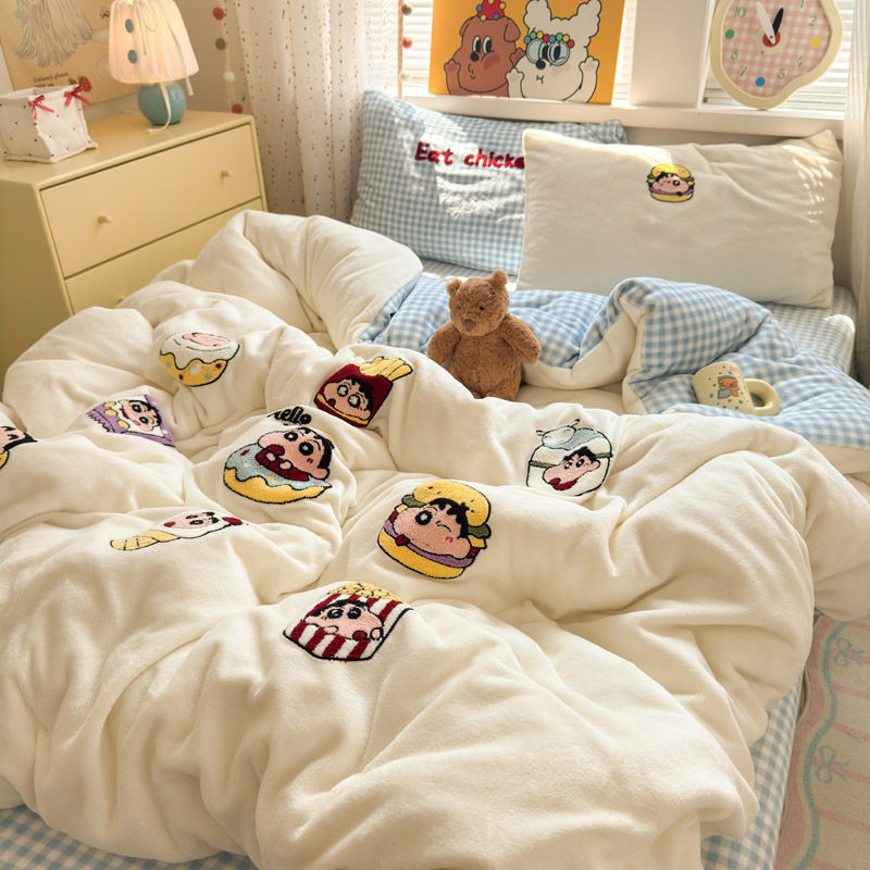 Crayon Shin-Chan Milk Velvet Bed Four-Piece Set Cartoon Coral Velvet Single Quilt Cover Bed Sheets and Fitted Bed Sheets Thickeneded Three-Piece Set