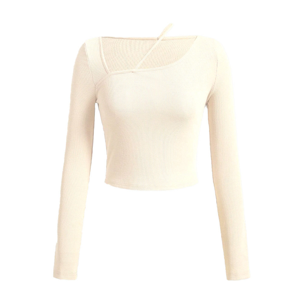 Womens Fitted Long Sleeve Knit T Shirt Asymmetrical Neckline Spring Summer Style Versatile Layering Top Wholesale