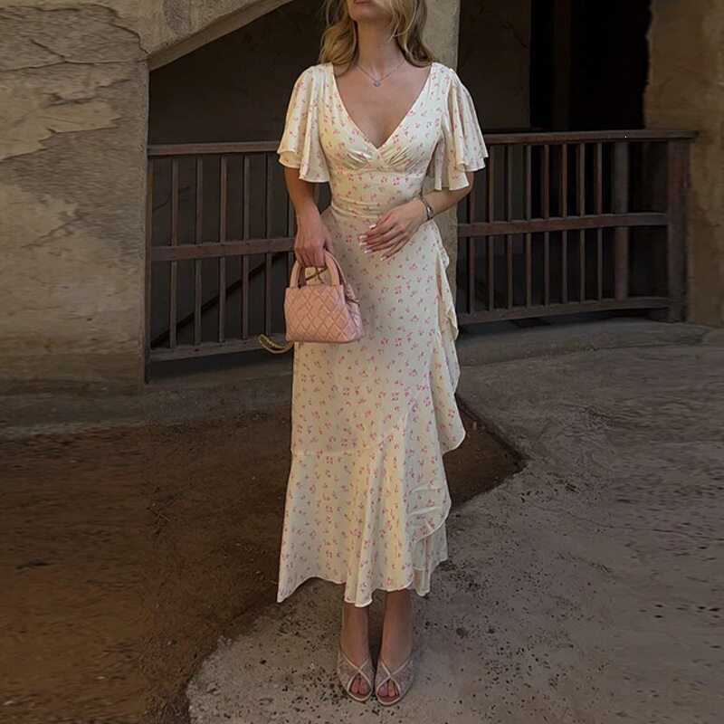 Womens Summer Dress Elegant Casual Style Plant Print Waist Defined Side Slit Perfect for Outdoor Events