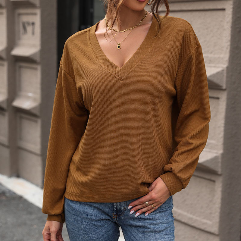 Womens Long Sleeve V Neck T Shirt Waffle Knit Fabric Autumn Fashion Wholesale Available bulk order
