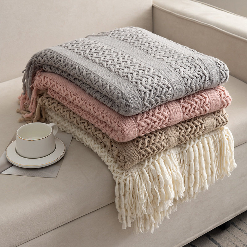Solid Color Tassel Knit Blanket, Sofa Blanket, Office Nap Blanket, Air Conditioning Blanket, Bed Runner, Blanket, Ins Style
