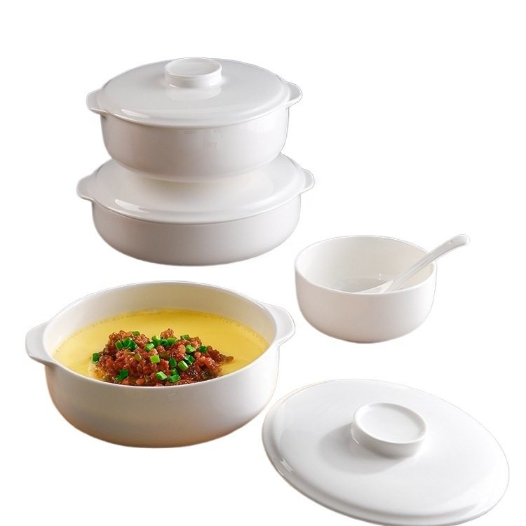 Bone China Double-Eared Steamed Egg Custard Bowl, Microwaveable Steaming Bowl with Lid, Ceramic Food-Grade Japanese-Style Household Underglaze Color