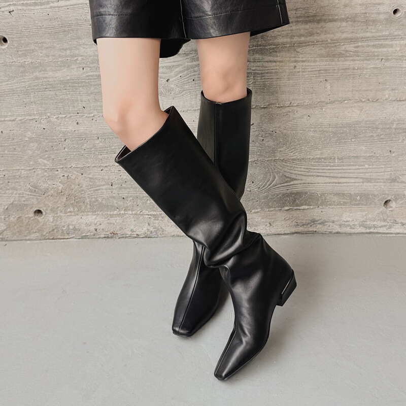 Boot cao cổ nữ da bò mũi vuông gót thấp phong cách thanh lịch — màu đen, Màu đỏ rượu