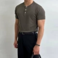 Combed cotton henley collar t-shirt military green