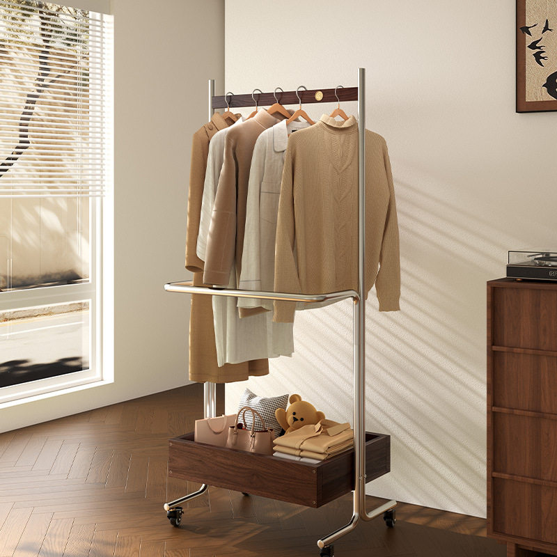 Medieval Style Solid Wood Coat Rack Floor-Standing Bedroom Home Clothes Rack Multi-Functional Storage Stainless Steel Living Room Clothes Hanging Rod