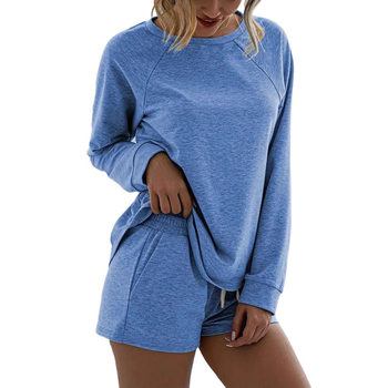 2025 European and American Cross-border Summer New Women's Solid Color Elegant Two-piece Crewneck Long-sleeved Shorts Home Sports suit