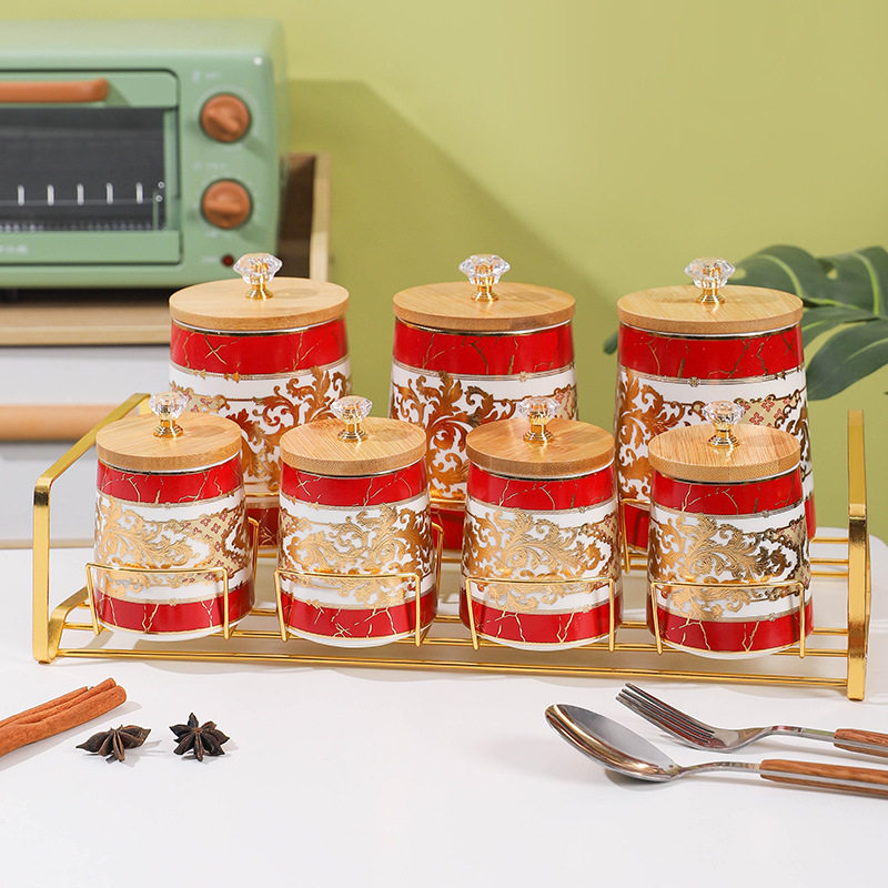 Hot new seasoning box suit seasoning jar with rack light luxury ceramic sealed jar kitchen storage storage jar bamboo lid