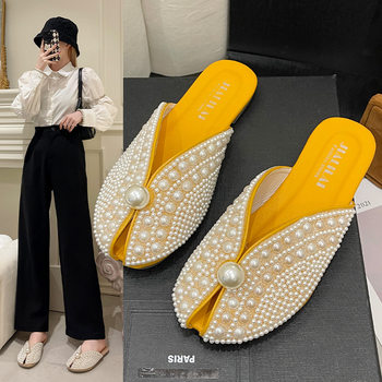 Baotou Pearl Slippers Women's Korean-style Flat Slippers Casual Ethnic Style Soft Slippers Home Slippers