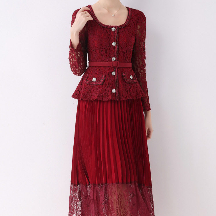 Elegant A Line Dress High End Design Diamond Studded Buttons Square Neck Pleated Long Skirt Autumn Winter Fashion