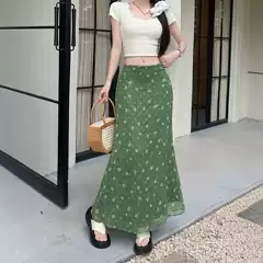 New Style Love Prelude Artistic Retro Style Versatile Floral Mesh Fishtail Elastic Waist Skirt for Women