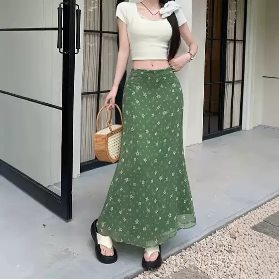 New Style Love Prelude Artistic Retro Style Versatile Floral Mesh Fishtail Elastic Waist Skirt for Women