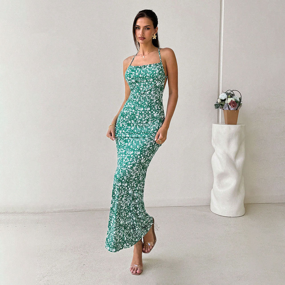 Summer Floral Maxi Dress Sexy Backless Fishtail Design Casual Perfect for Vacations and Music Festivals Wholesale